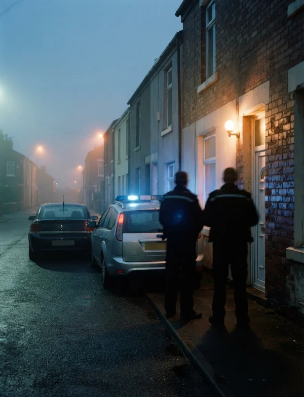 Illustration of two police officers and a patrol car outside terraced houses on a foggy early morning. Not an actual scene from the case.