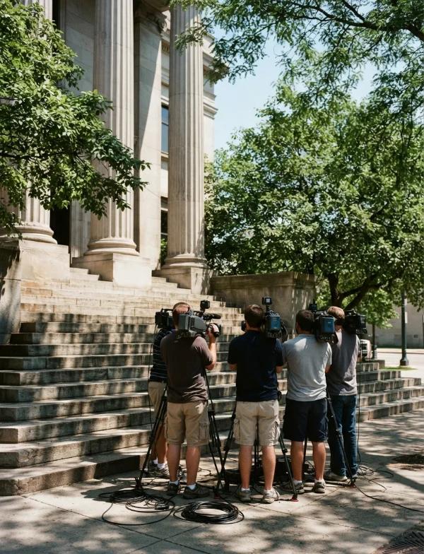 Illustration of television camera crews on the steps of a columned Midwestern courthouse on a summer day. Not an actual scene from the case.