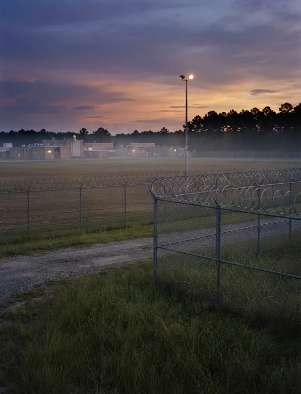 Illustration of a Southern prison behind razor-wire fencing at dusk. Not an actual scene from the case.