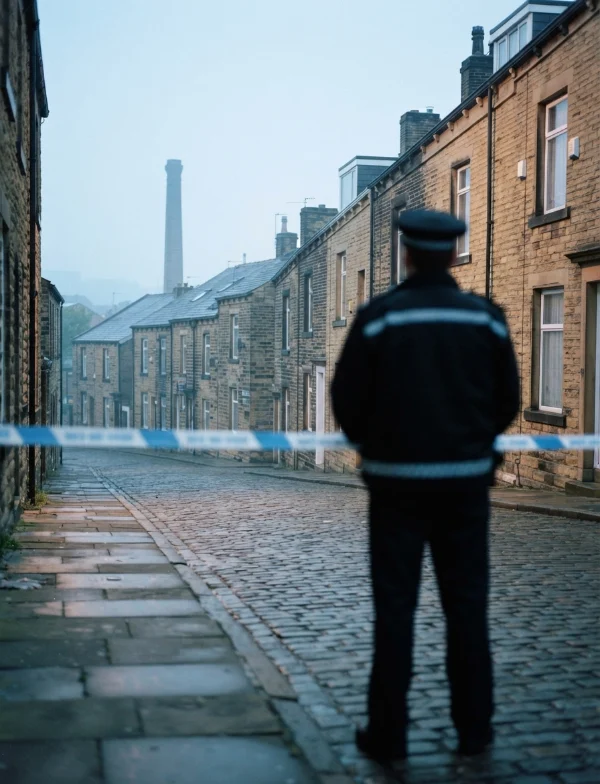 Illustration of a police officer behind tape on a cobbled street of stone terraces in a northern English mill town. Not an actual scene from the case.