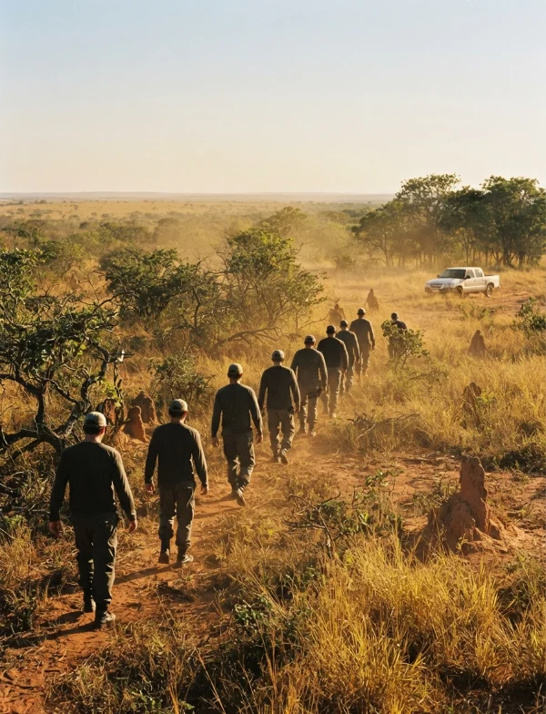 Illustration of a line of searchers walking a dirt track through dry Brazilian scrubland. Not an actual scene from the case.