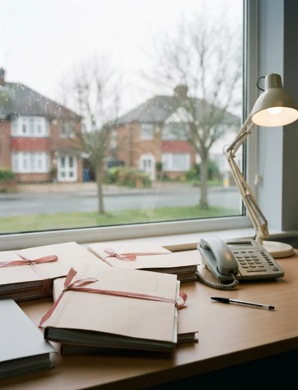 Illustration of tied case files, a telephone and a lamp on an office desk by a rainy window. Not an actual scene from the case.