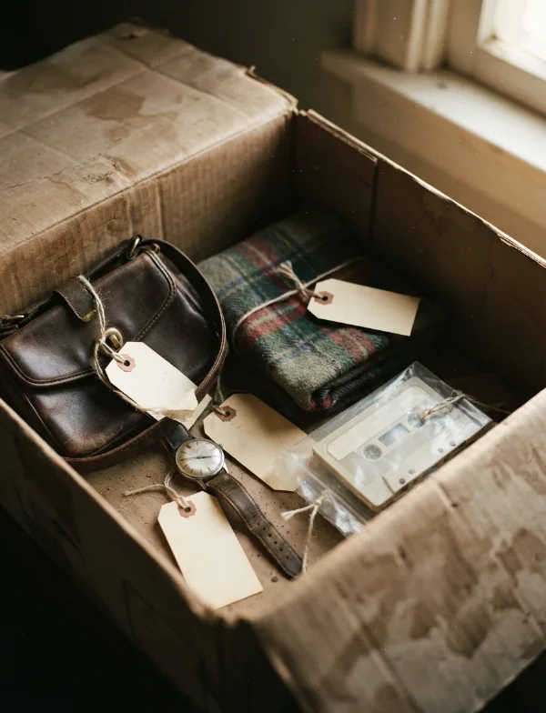 Illustration: old evidence items with blank paper tags in an archive box
