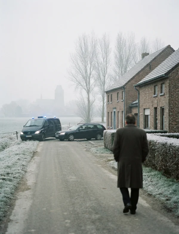 Illustration of police vehicles on a frosty lane beside brick houses in a Belgian village on a foggy winter morning. Not an actual scene from the case.