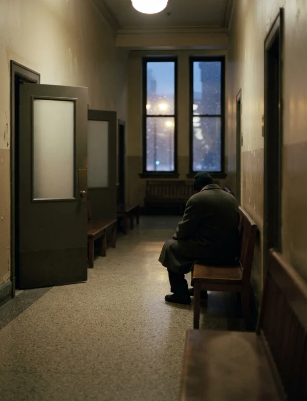 Illustration of a person seated alone on a bench in a dim courthouse hallway on a snowy evening. Not an actual scene from the case.