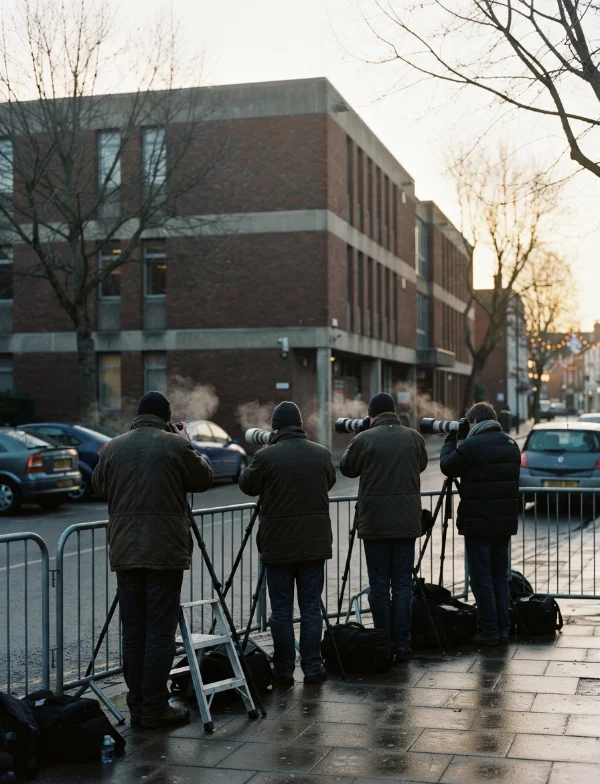 Illustration of press photographers behind barriers outside an English crown court on a December afternoon. Not an actual scene from the case.