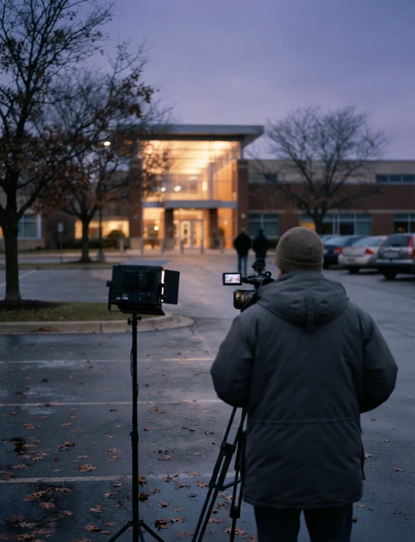 Illustration of a television camera operator outside a lit suburban courthouse at dusk in late autumn. Not an actual scene from the case.