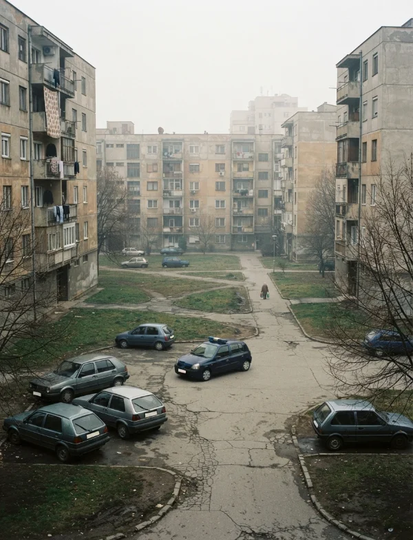 Illustration of a police car among parked cars in a courtyard of Balkan apartment blocks on a gray autumn day. Not an actual scene from the case.