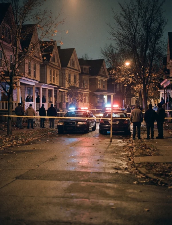 Illustration of police cars and onlookers behind tape on a residential Cleveland street on an autumn night. Not an actual scene from the case.