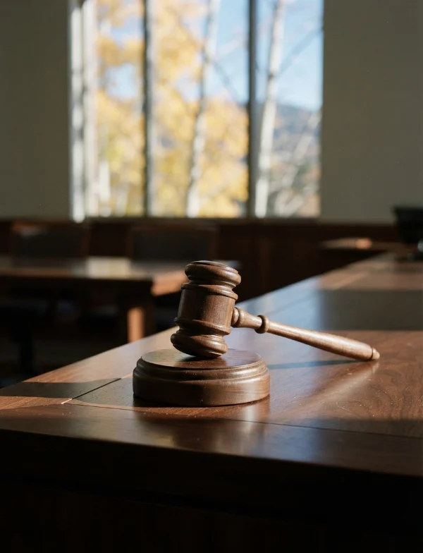 Illustration of a gavel on a courtroom bench with autumn aspens visible through the window. Not an actual scene from the case.