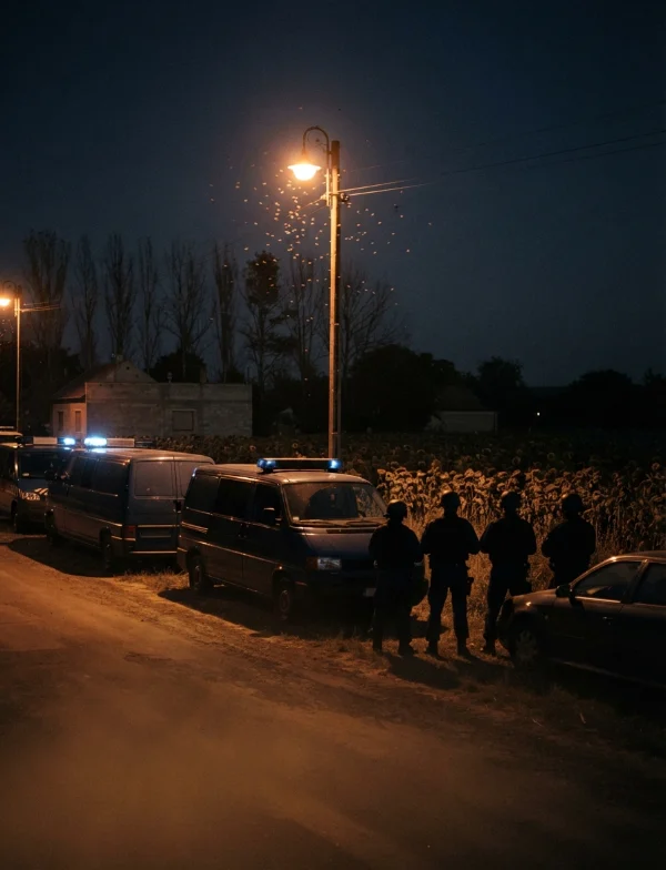 Illustration of police vans and armed officers on a rural road at night beside a sunflower field. Not an actual scene from the case.