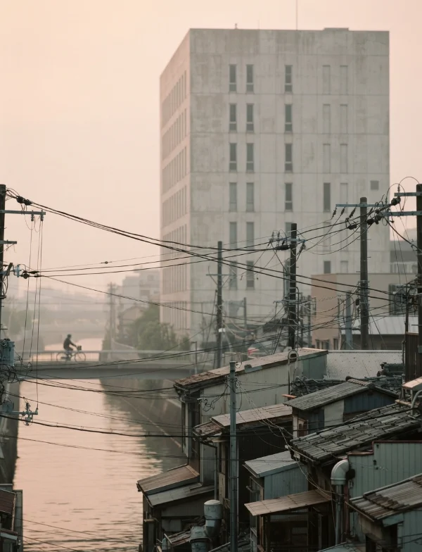 Illustration of a concrete detention building above low wooden houses and a canal in Osaka at dawn. Not an actual scene from the case.