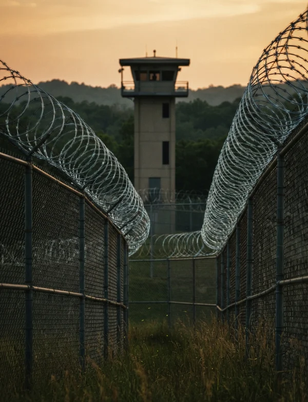 Illustration of razor-wire fences leading to a prison guard tower at dusk. Not an actual scene from the case.