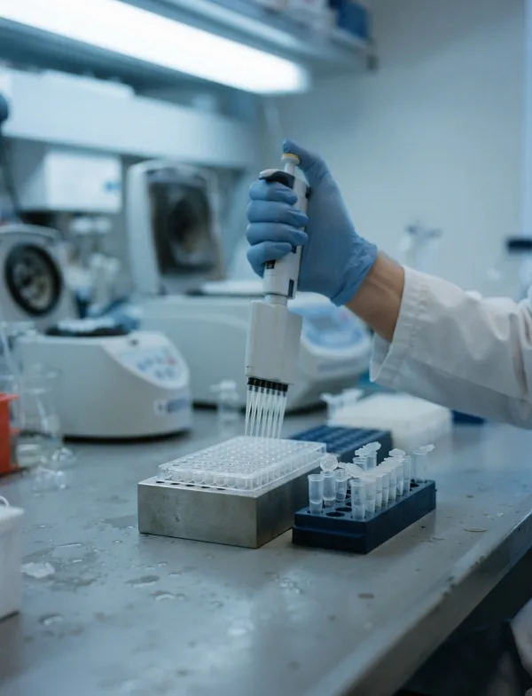 Illustration: dNA lab bench with pipettes and sample tubes