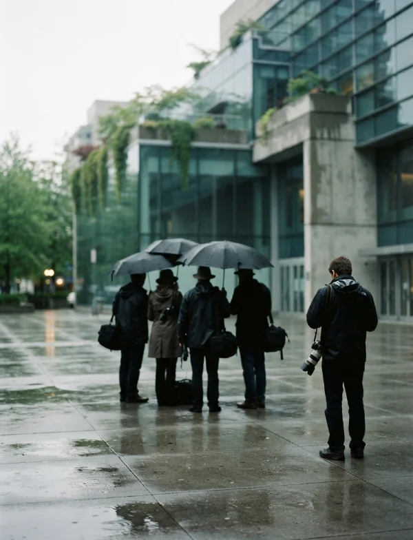 Illustration of reporters with umbrellas outside a glass courthouse on a rainy day. Not an actual scene from the case.