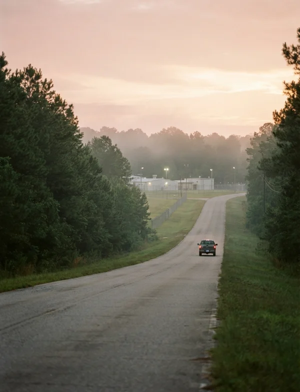 Illustration of a road through pine woods leading to a fenced prison compound in the morning mist. Not an actual scene from the case.