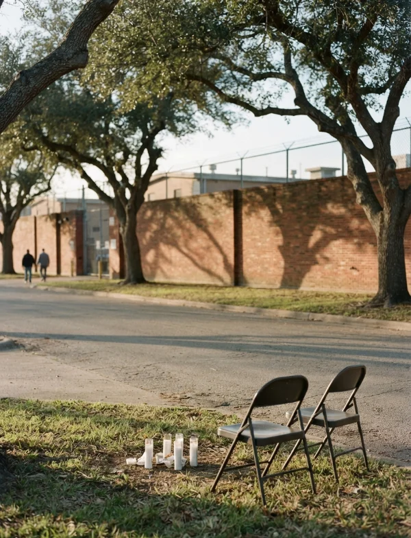 Illustration of two empty folding chairs and candles on the grass across the street from a brick prison wall. Not an actual scene from the case.