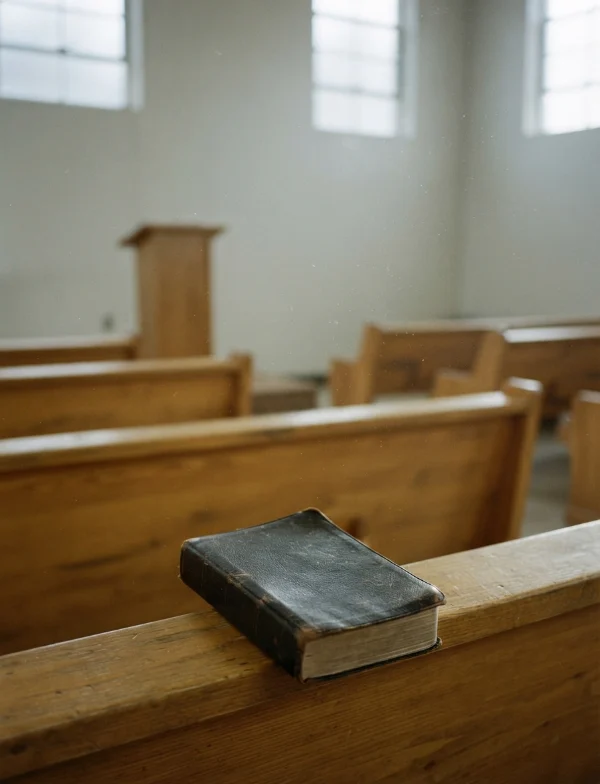 Illustration of a worn Bible resting on an empty wooden pew in a plain prison chapel. Not an actual scene from the case.