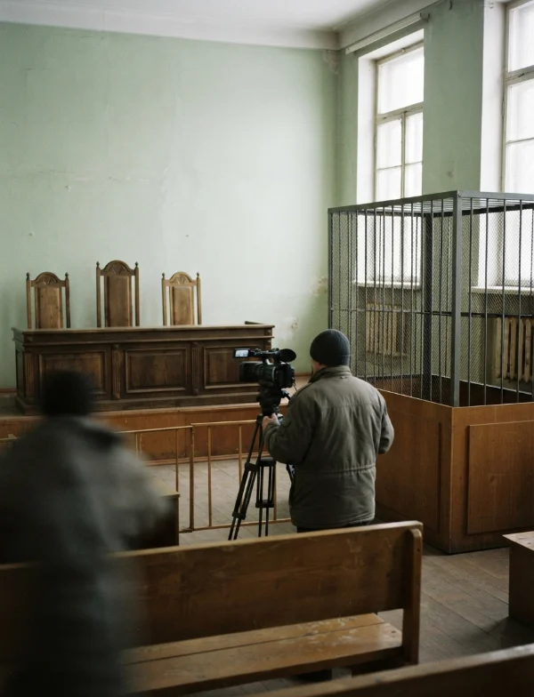 Illustration of a television camera operator filming an empty defendant's cage in a plain Ukrainian courtroom. Not an actual scene from the case.