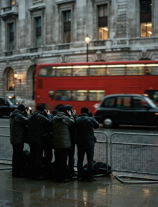 Illustration of press photographers behind barriers outside a stone London court building as a red bus passes. Not an actual scene from the case.