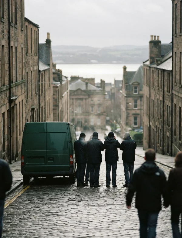 Illustration of a group of people and a van on a steep cobbled street of stone buildings in a Scottish city. Not an actual scene from the case.