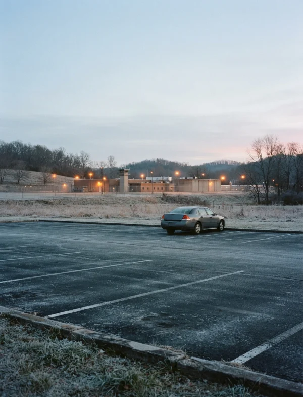 Illustration of a frosted, nearly empty parking lot facing a prison and guard tower at dawn. Not an actual scene from the case.