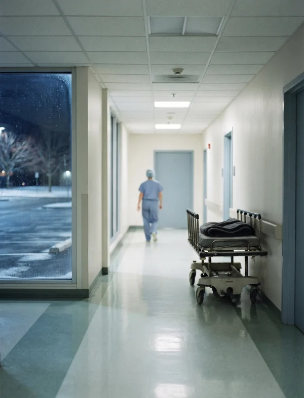 Illustration of a quiet hospital corridor at night with an empty gurney and a nurse walking away. Not an actual scene from the case.