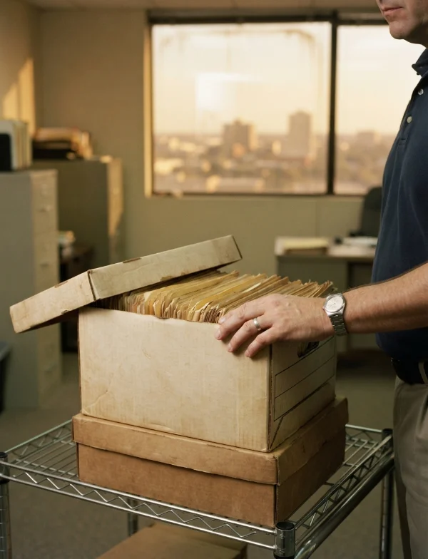 Illustration of a detective's hand on an open archive box of case files in an office overlooking a city. Not an actual scene from the case.