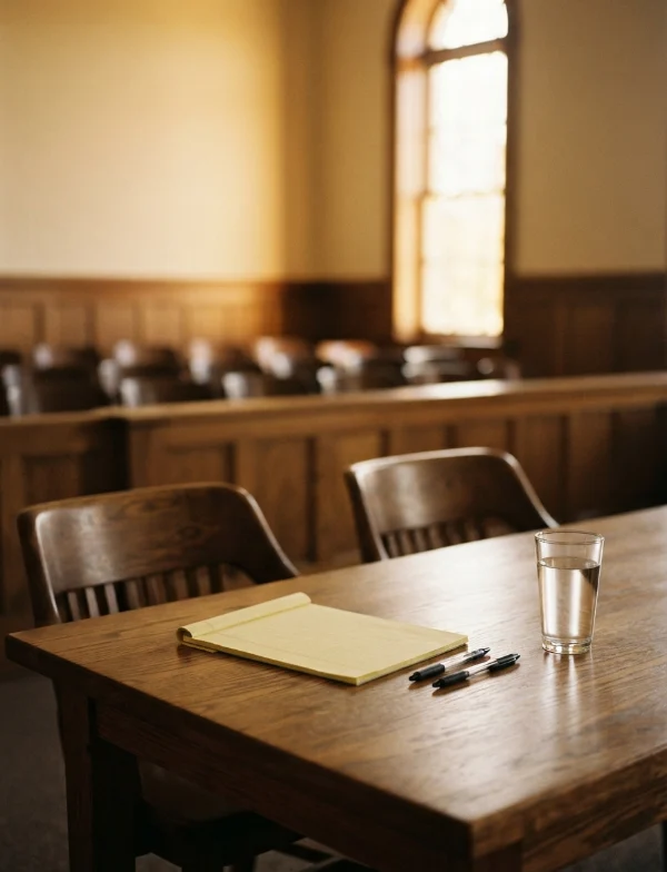 Illustration of an empty defense table with a legal pad, pens and a glass of water in a sunlit courtroom. Not an actual scene from the case.