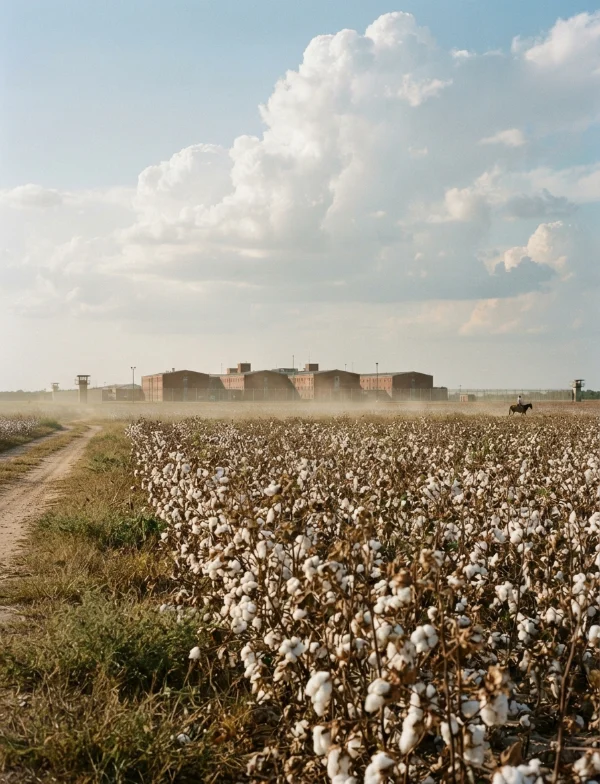 Illustration of a cotton field in front of red-brick prison buildings and guard towers under a summer sky. Not an actual scene from the case.