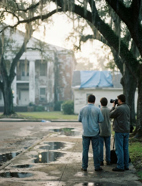 Illustration of reporters and a photographer on a wet street of oaks and Spanish moss facing a columned Louisiana building. Not an actual scene from the case.