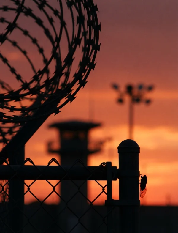 Illustration of razor wire and a prison guard tower silhouetted against an orange sunset sky. Not an actual scene from the case.