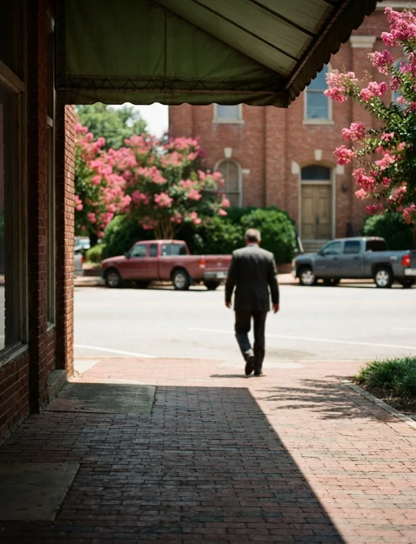 Illustration of a man walking across a small-town Carolina square toward a brick building under crepe myrtles. Not an actual scene from the case.