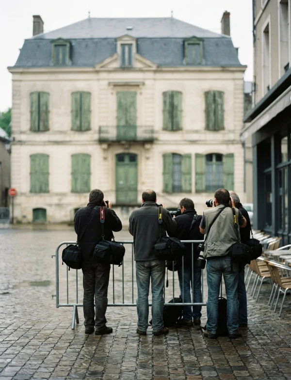 Illustration of press photographers behind a barrier on a wet cobbled square facing a stone building in a French town. Not an actual scene from the case.