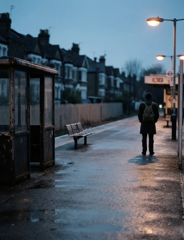 Illustration of a lone figure on a wet, lamplit London suburban platform at dusk beside an empty shelter. Not an actual scene from the case.