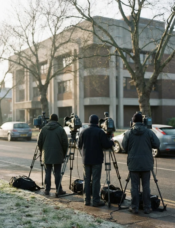 Illustration of television camera crews on tripods outside a concrete court building on a frosty winter morning. Not an actual scene from the case.