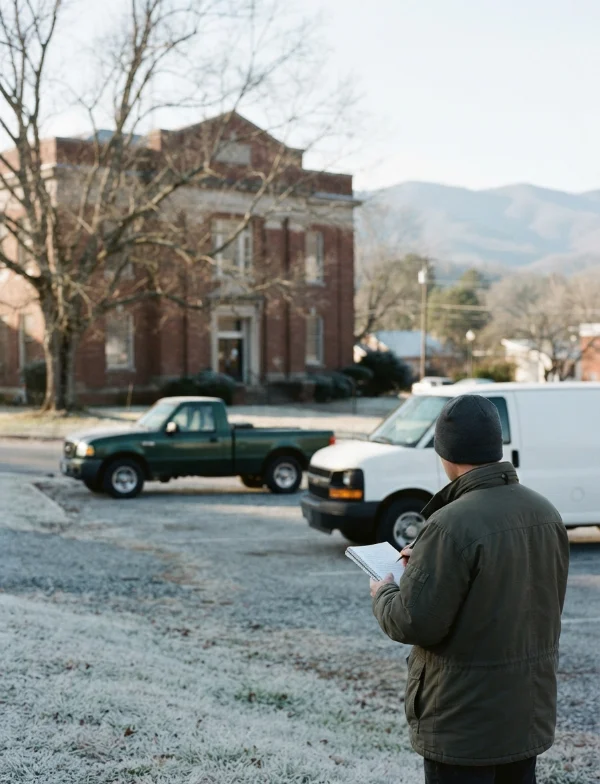 Illustration of a reporter with a notebook outside a brick courthouse in a frosty north Georgia mountain town. Not an actual scene from the case.