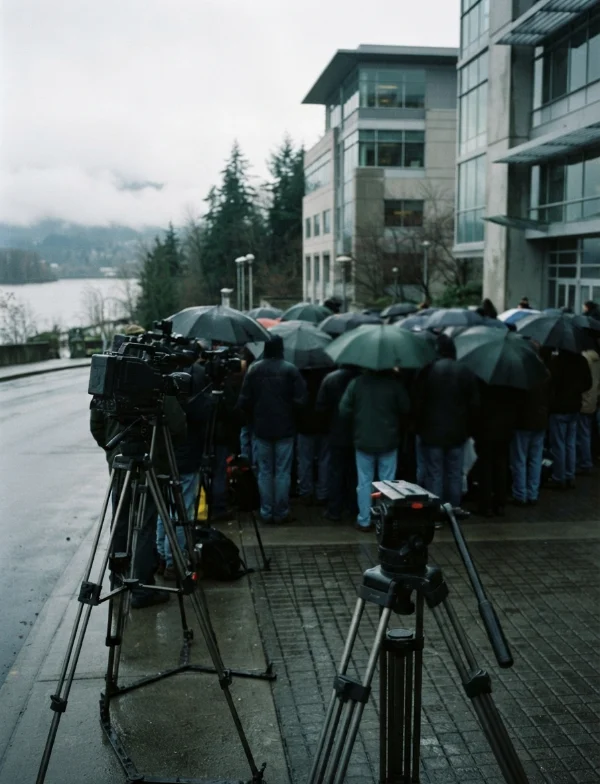 Illustration of a crowd under umbrellas and television cameras outside a modern courthouse on a rainy December day. Not an actual scene from the case.