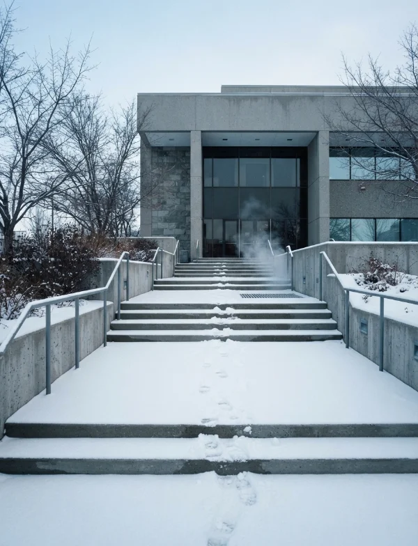 Illustration of snow-covered steps with a single line of footprints leading to a federal courthouse in winter. Not an actual scene from the case.