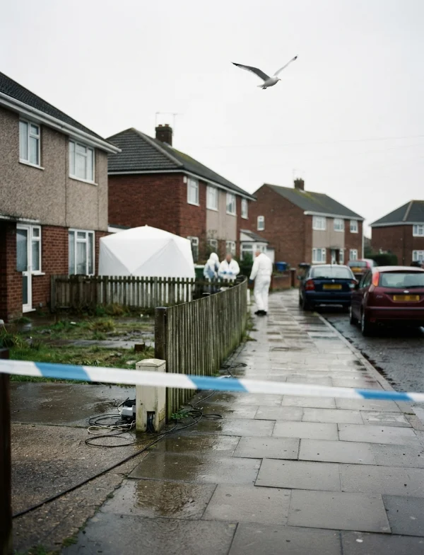 Illustration of a forensic tent and investigators in white suits behind police tape on a suburban English street. Not an actual scene from the case.