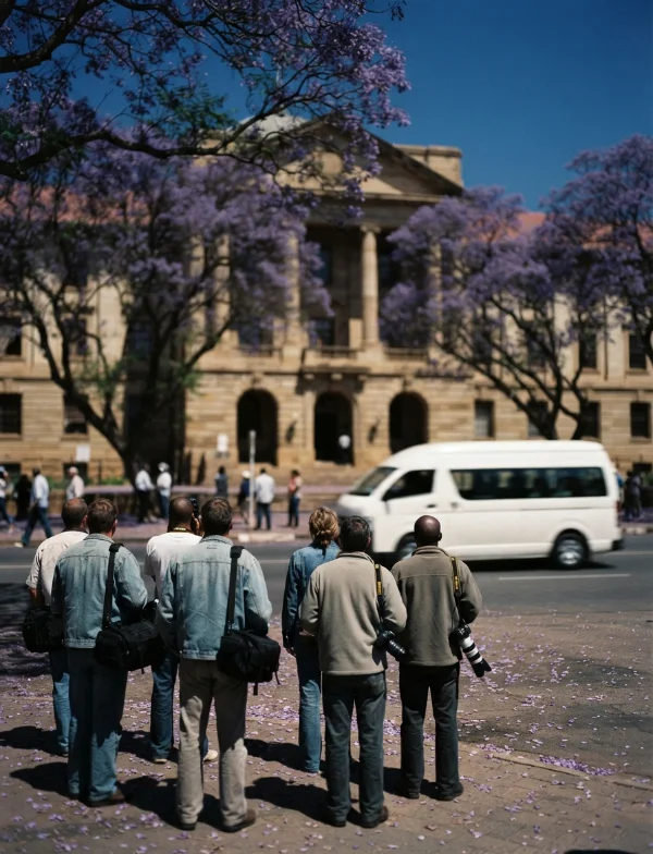 Illustration of press photographers facing a sandstone court building in Pretoria under flowering jacaranda trees. Not an actual scene from the case.