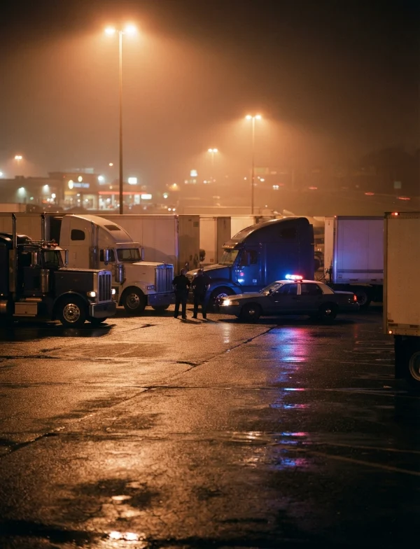 Illustration of a police car with flashing lights among parked semi-trucks at a foggy truck stop at night. Not an actual scene from the case.