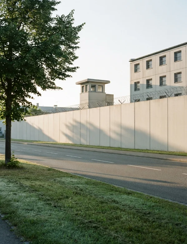 Illustration of a long concrete prison wall and watchtower beside an empty road in early morning light. Not an actual scene from the case.