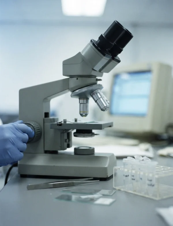Illustration of a gloved hand adjusting a laboratory microscope beside slides and sample tubes. Not an actual scene from the case.