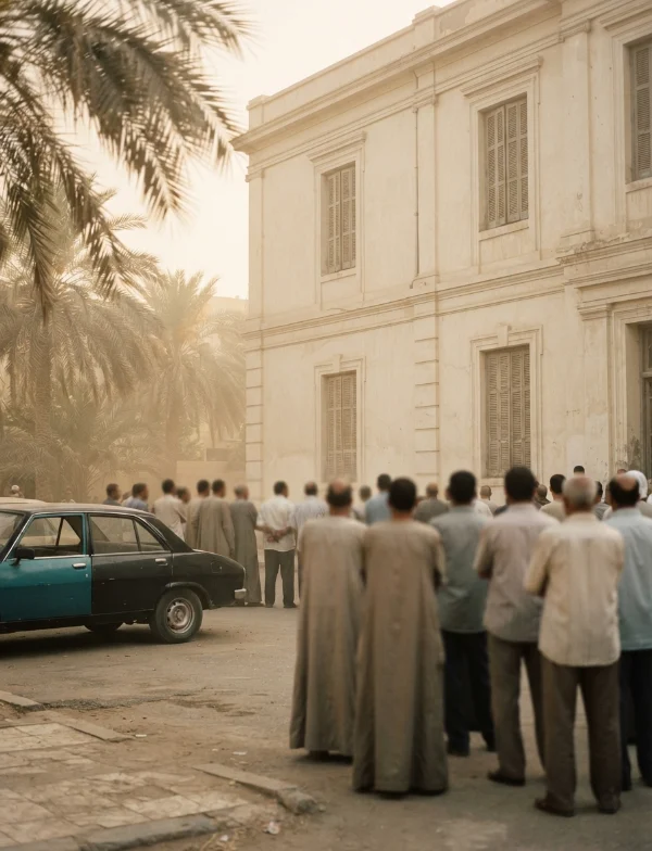 Illustration of a crowd waiting outside a pale colonial-era court building beside palm trees in an Egyptian city. Not an actual scene from the case.
