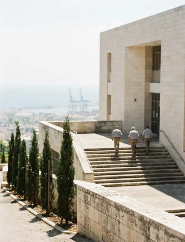Illustration of three men climbing the stone steps of a modern court building above a Mediterranean port. Not an actual scene from the case.