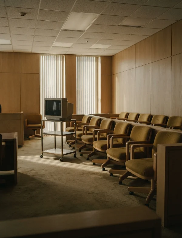 Illustration of an empty jury box of padded chairs and a television on a cart in a wood-paneled courtroom. Not an actual scene from the case.