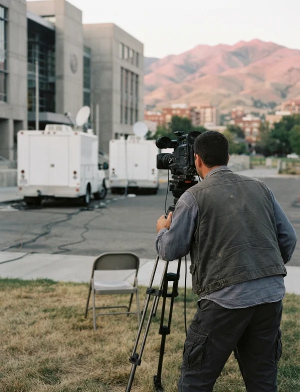 Illustration of a television camera operator filming outside a federal building in Boise with satellite trucks and mountains behind. Not an actual scene from the case.
