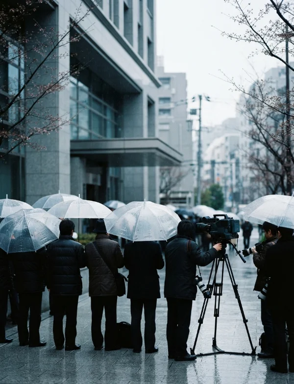 Illustration of reporters under clear umbrellas and a camera crew outside a modern court building in a Japanese city in the rain. Not an actual scene from the case.