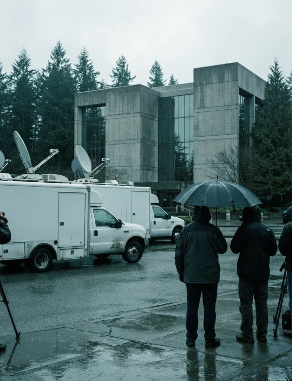 Illustration of satellite trucks and reporters under umbrellas outside a concrete courthouse among evergreens in the rain. Not an actual scene from the case.